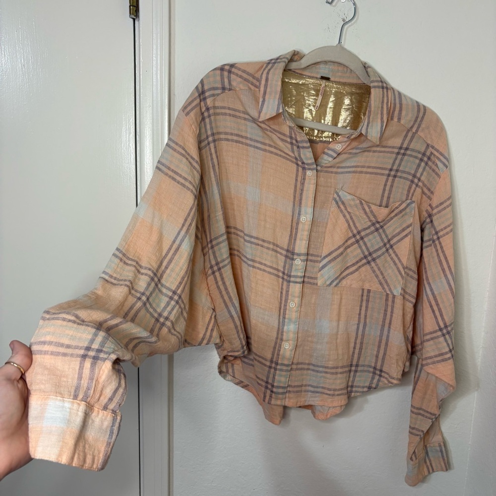 Free People Cutie Cropped Plaid Shirt Oversized Dolman Sleeve Top Size Medium - Picture 9 of 16